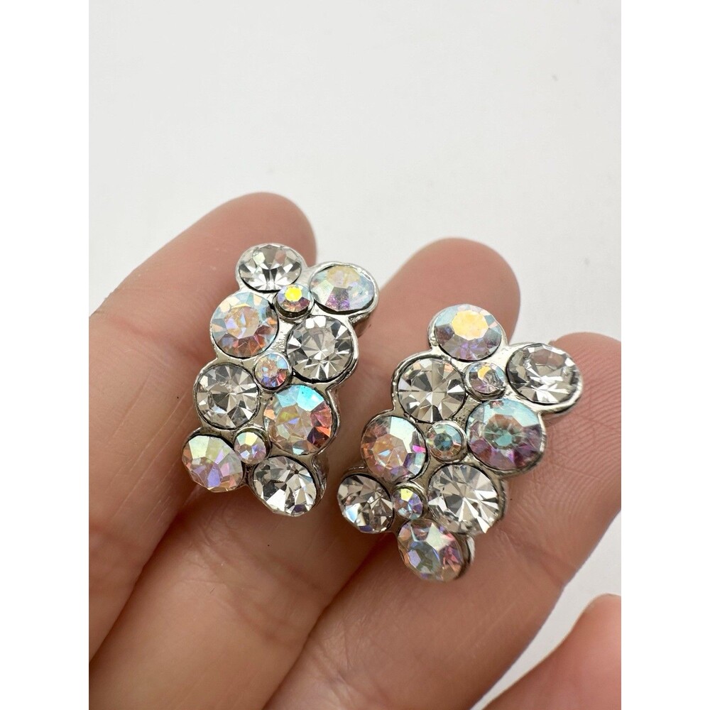 AB Rhinestone Silver Tone Clip-On Earrings